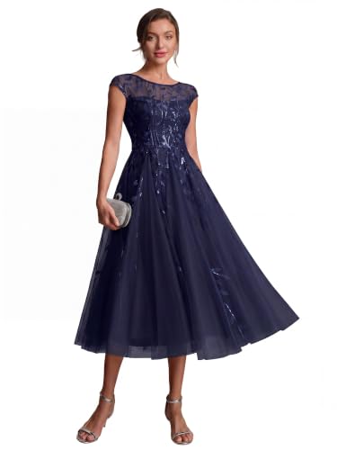 Ever-Pretty Women's Sequin Tulle Midi Formal Dresses Wedding Guest Dress