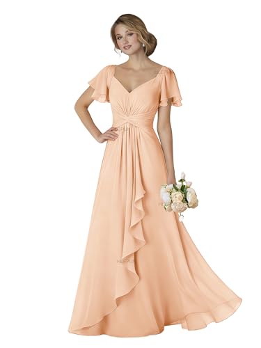 HLEPUN Peach V Neck Bridesmaid Dresses with Flutter Sleeves for Women Short Sleeves Bridesmaid Dress A Line Ruffle Chiffon Formal Evening Gowns