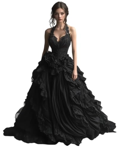 Dydsz Womens Gothic Halter Ruffle Black Prom Dress Lace Formal Ball Gown 14