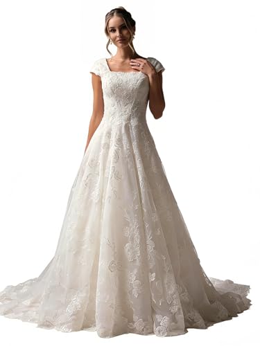 Cap Sleeve Wedding Dresses Lace Appliques 2026 A-Line Bridal Gowns for Bride Beach Plus Size Bridal Dresses US16 Ivory