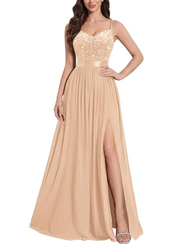 Miusol Women's A-Line V-Neck Sequin High Slit Bridesmaid Party Long Gown