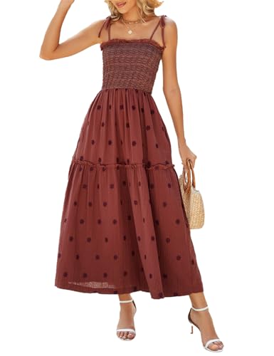 ABYOVRT Women Floral Embroidered Maxi Dress Sleeveless Tie Shoulder Smocked Flowy Dress Boho Summer Sundresses with Pockets (Dark Brown,L)
