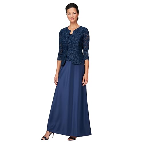 Alex Evenings Women's Two Piece Mother of The Bride Dress with Lace Jacket, Navy, 14P