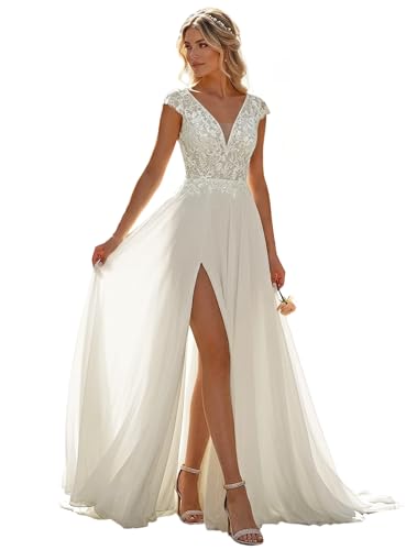A Line Lace Bridal Gowns for Women Long Chiffon Wedding Dresses for Bride V Neck Civil Wedding Gown with Train Size 14 I-Ivory