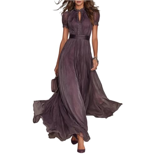 Lace Spliced High Neck Maxi Dress for Women Chiffon Flow Evening Gowns