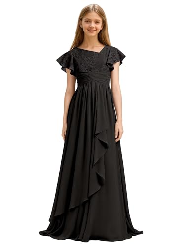 Black Flower Girl Dresses with Sleeve Chiffon Junior Bridesmaid Dresses Lace Wedding Guest Dress for Girl Size 8
