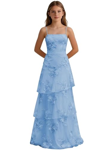 Floral Junior Bridesmaid Dress Long Lace Appliques Girls Formal Gowns Tiered Blue Flower Girl Dresses 12-14
