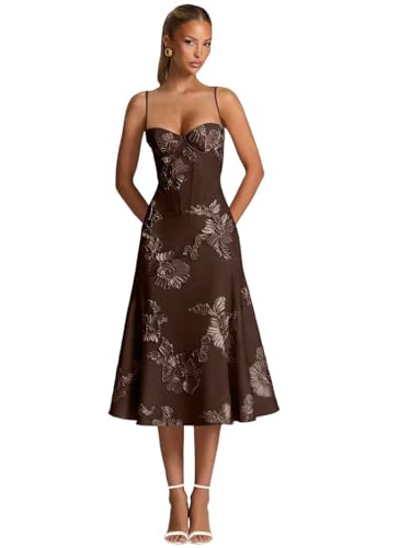 Daisory A Line Floral Midi Bridesmaid Dresses for Women Coffee Corset Formal Gowns Calf Length Wedding Guest Dress with Straps Small Size US2