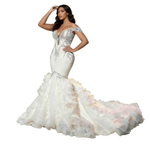 Ivory Mermaid Wedding Dresses for Brides with Rhinestones Applique Off Shoulder Mermaid Curvy Women Bridal Wedding Gown