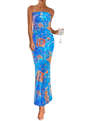 PRETTYGARDEN Womens Floral Long Strapless Summer Dress,Floral Light Blue,M