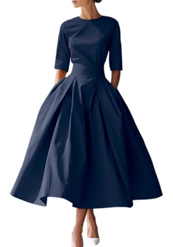 Famnbro Womens Pleated Cocktail Dresses 1950s 3/4 Sleeves Church Dress