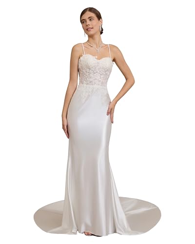 ZHEXUDAI Mermaid Wedding Dress Spaghetti Straps Lace Satin Open Back Bridal