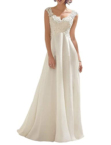 ABaoWedding Women's Wedding Dress Lace Double V-Neck Sleeveless Evening Dress Ivory US 4