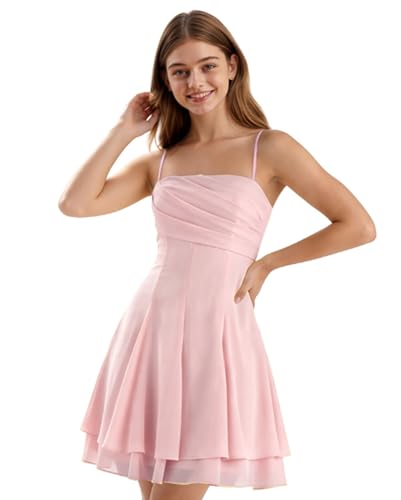 TAISHAN Junior Bridesmaid Dresses for Teen Girls Formal Dress Short Spaghetti Strap Tiered Flower Girl Dresses for Wedding Blush Pink 4