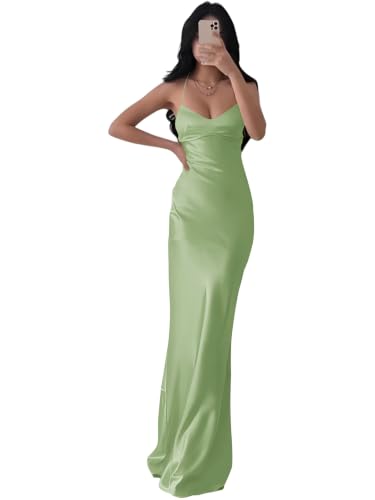 Eightale Satin Long Bridesmaid Dress Sage Green for Women Mermaid Bodycon Tight Silk Prom Dresses Spaghetti Straps V Neck Slip Formal Evening Gowns Bodice Size 4