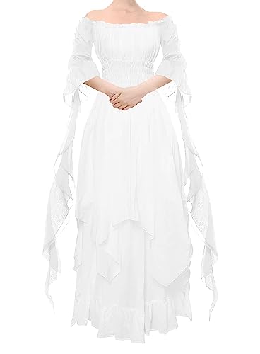 YEAXLUD Women's Victorian Dress Puff Sleeve Off Shoulder Ruffle Plus Size Medieval Costume for Women Renaissance Dress (White, XX-Large)