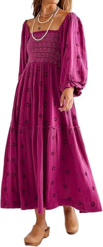 R.Vivimos Women's Cotton Floral Embroidered Boho Midi Dress, Fuchsia, M