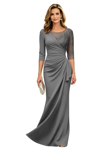 Mother of The Bride Dresses Long 3/4 Sleeves Lace Grey Formal Wedding Guest Dresses for Women