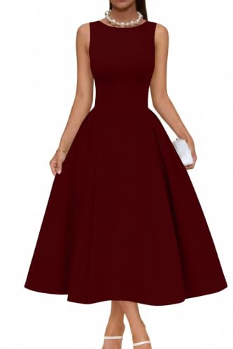 Memoriesea Women's Sleeveless A line Formal Graduation Midi Dress Burgundy