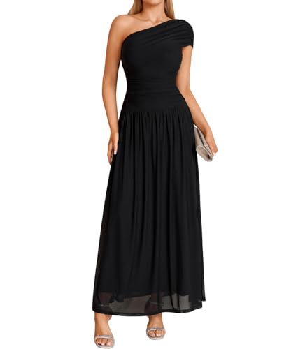 XinFSh Women’s One Shoulder Formal Wedding Guest Maxi Dress Black