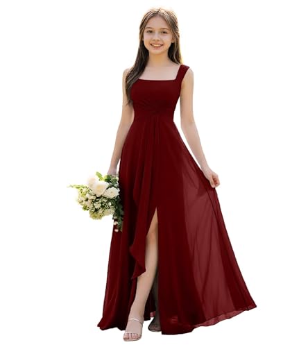 FLwuhui Junior Bridesmaid Dress Burgundy Chiffon Flower Girl Dresses Floor Length Girls Bridesmaid Dresses US14
