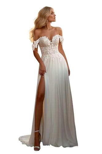 Beach Wedding Dresses for Bride Off Shoulder Lace Chiffon A-line Wedding Gown Backless Floral Bridal Gown for Women White US 10