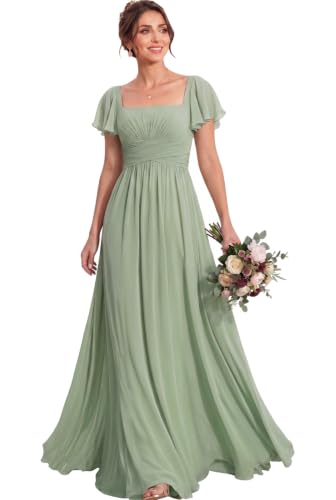 MisShow Women's Flutter Sleeves Bridesmaid Dresses Square Neck Chiffon Maxi Dress A Line Formal Evening Gown Sage Green