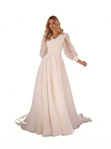 V Neck Wedding Dresses for Bride 2026 Plus Size A-Line Bridal Gowns with Long Sleeve Beach Bridal Dress US22 Ivory