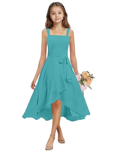 ZCOEXSO Junior Bridesmaid Dresses for Girls Short Turquoise High Low Jr Bridesmaid Dresses Teens Flower Girl Dresses for Wedding Size 16