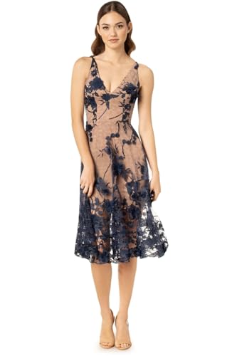 Dress the Population Women's Audrey Spaghetti Strap Midi A-line 3D Floral Dress, Navy/Nude, XL