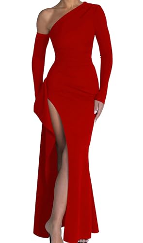 Memoriesea Women's One Shoulder Long Sleeve Cocktail Maxi Dress Red