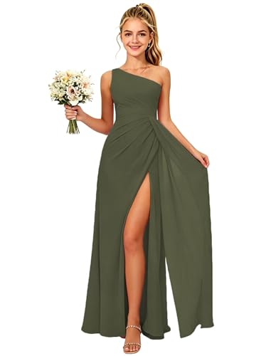 One Shoulder A Line Chiffon Junior Bridesmaid Dresses Olive Green Size 11 Formal Evening Gowns with Slit Flower Girl Dresses