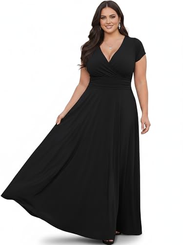 KOH KOH Petite Women’s Long Cap Short Sleeve Flowy Cocktail Semi Formal Prom Gala Black Tie Bridesmaid Wedding Guest Work Dressy Tall Gown Gowns Maxi Dress Dresses, Black XS 2-4