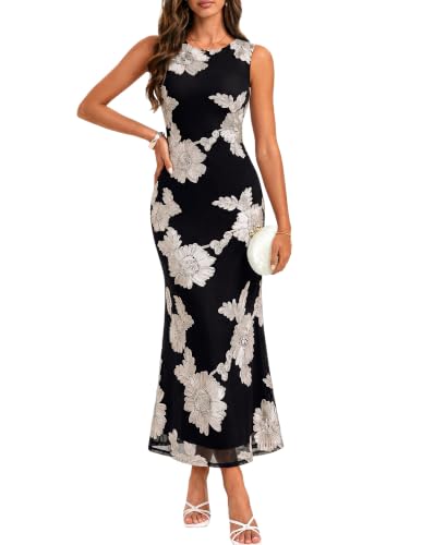 GRACE KARIN Women's Summer Floral Mesh Wedding Guest Dresses Black M