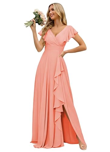 LuxeLacing Elegant Bridesmaid V-Neck Coral Dresses with Slit Long for Women A-Line Chiffon Ruffly Short Sleeves Wedding Guest Dress with Pocket US4