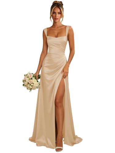 Fluens Satin Bridesmaid Dresses A Line Long Formal Dress,Champagne,US04