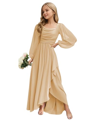 HTWORGRE Champagne Junior Bridesmaid Dress Long Sleeve Slit Chiffon Flower Girl Dress Teen Girl Formal Dresses Square Neck 11