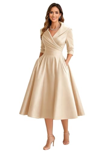 Lcjfai Plus Size Satin Mother of the Bride Dress 3/4 Sleeve A Line Tea Length Formal Wedding Guest Dresses for Women Champagne 18W