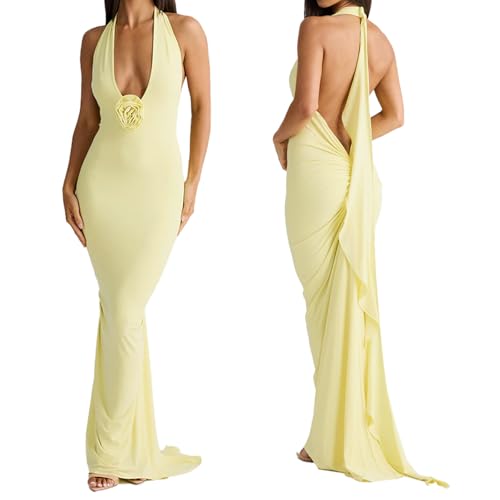 Women Sexy Backless Dress Halter Deep V Neck Detachable Flower Sleeveless Open Back Maxi Dress Cocktail Prom Formal Dresses (Yellow,M)