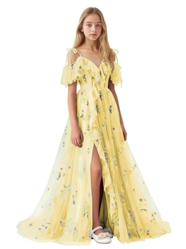 Junior Bridesmaid Dresses Ruffled Floral Embroidery Flower Girl Dress Champagne Tulle Formal Gown with Slit Size 8-10