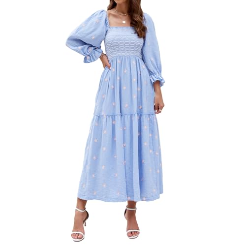 ABYOVRT Women Floral Embroidered Maxi Dress Long Puff Sleeve Square Neck Bohemian Flowy Dress with Pockets Summer Fall (Light Blue,S)