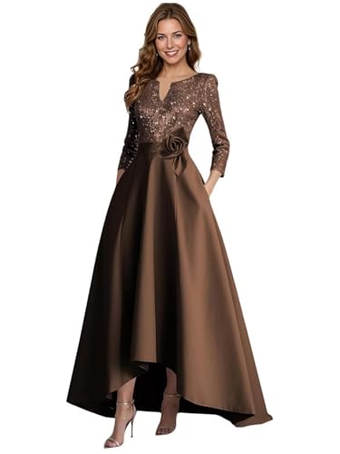 A-Line Satin Mother of The Bride Dresses for Women Brown High-Low Sparkly Sequin Flowy Puffy Wedding Guest Dress with Sleeves Flower Long Formal Evening Ball Gown with Pockets US14