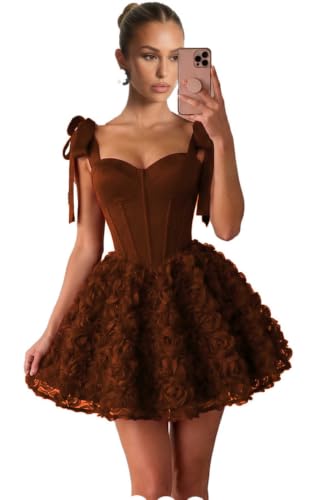 Women's Cocktail Dresses for Wedding Brown HOCO Dress with Flowers