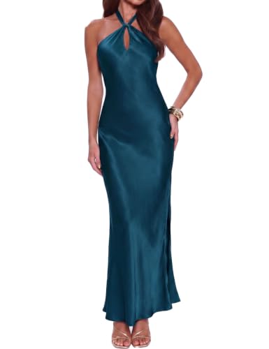 Gmeitoey Satin Halter Maxi Dress for women Formal Bridesmaid Wedding Guest