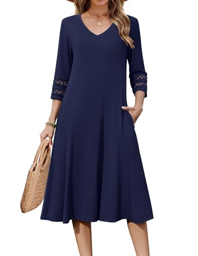 Zeagoo Fall Dress Midi Length V Neck 3/4 Sleeve Eyelet Midi Petite Dress