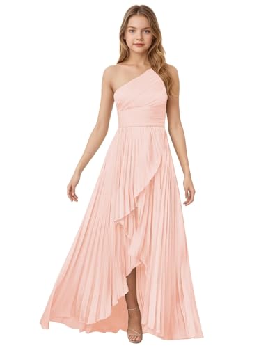 Farichos Blush Pink Flower Girl Dresses One Shoulder Girls Formal Dress Satin Long Junior Bridesmaid Dress for Wedding 8-10