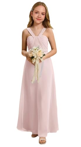 Oittuye Girls Chiffon Formal Dress Pleated V Neck Junior Bridesmaid Dress Sleeveless Floor Length Maxi Gown, Blushing Pink, Size 8