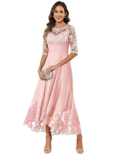 LKTESZ Long Sleeves Grandmother of The Bride Dresses Tea Length Plus Size Blush Pink Chiffon Lace Wedding Dresses for Women Blush Pink-US 18 Plus