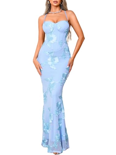ChiaoLezhee Women Floral Formal Corset Dress Maxi Prom Gown,Sky Blue,L