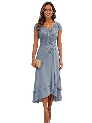 Classy Mother of The Bride Dresses Petite Lace Applique V Neck Dusty Blue Wedding Guest Dress with Sleeves US 6